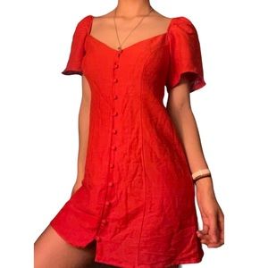 Zara Woman Orange-Red Linen Puff Sleeve Mini Dress XS